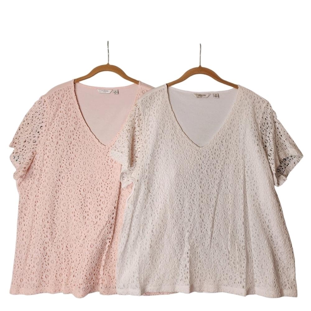 ​Liz Claiborne Lace V-Neck Short Sleeve Casual Tops 2X Plus Pink Cream Set Of 2